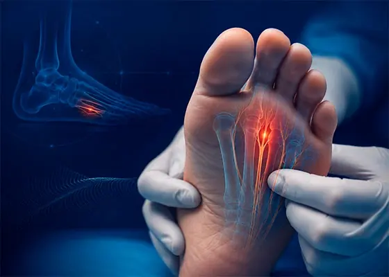 Representação clínica do neuroma de Morton, entre os metatarsos do antepé, com o Dr. Diego Meneghel — ortopedista de pé e tornozelo em Florianópolis e Tubarão